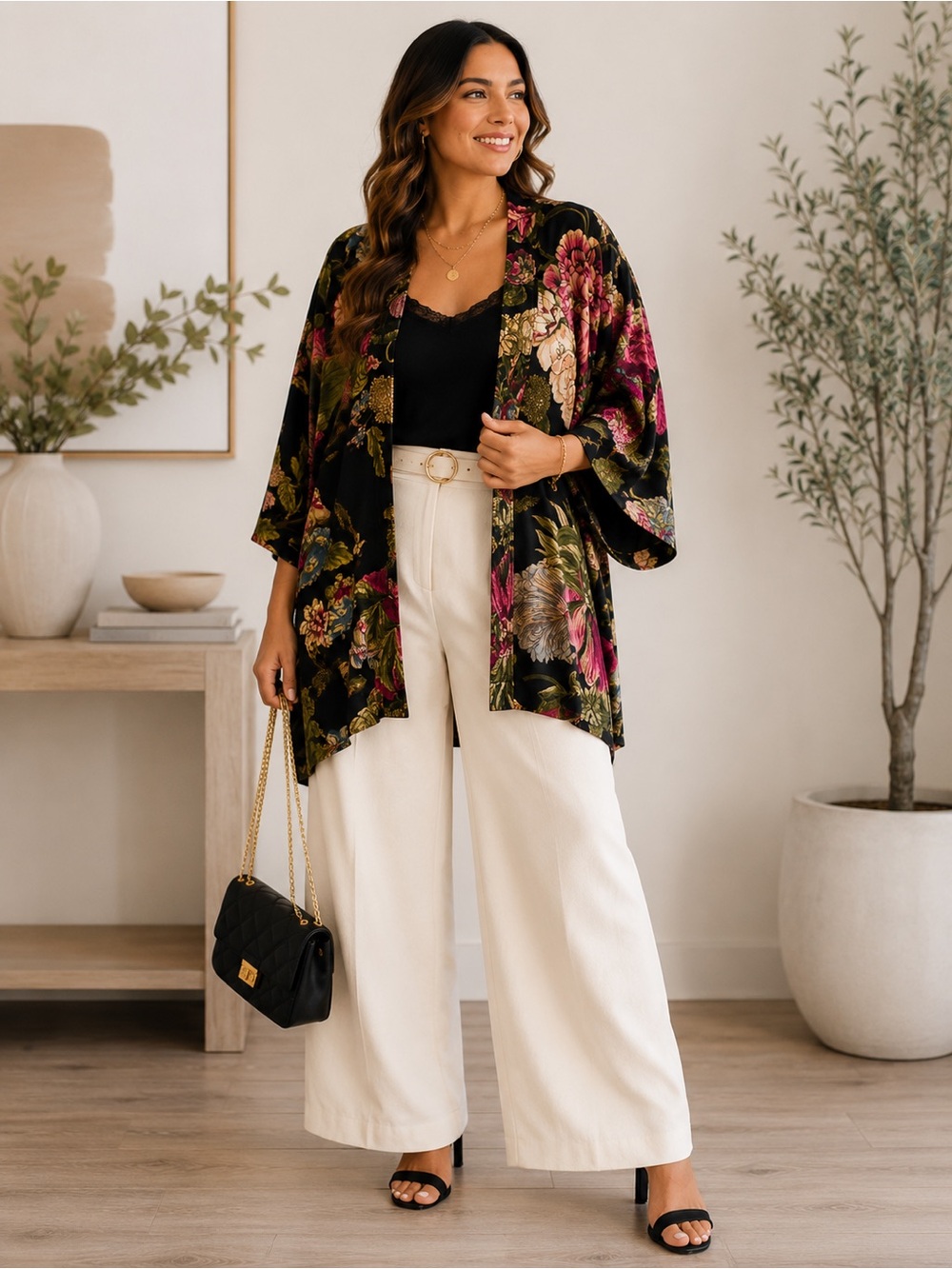 Botanical  Kimono Cardigan 1X Black Pink Open Front Boho Lightweight Layer